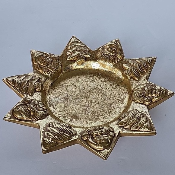 Vintage Gold Star Candle Holder Gilded Santa Christmas Tree St. Nick Plate 1917 - Picture 2 of 7